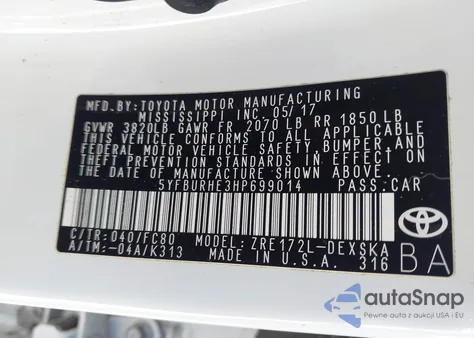 2017 Toyota Corolla Se from USA, damaged, VIN 5YFBURHE3HP699014